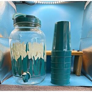Vintage Countryside iris Clear Glass sun tea Dispenser Jar Teal Lid & 6 cups